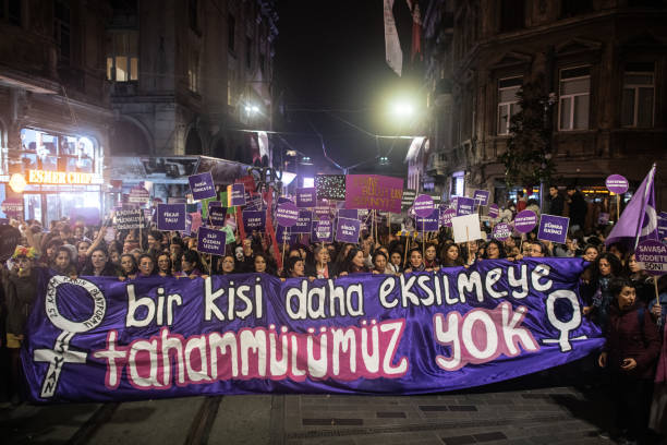 ISTANBUL, TURKEY - NOVEMBER 25: Demonstrators gather to protest against femicide and violence against women on November 25, 2019 in Istanbul, Turkey. November 25 is international day for the elimination of violence against women. Istanbul-based watchdog 'We Will Stop Femicide' say that number of women killed in Turkey since 2010 is 2600 with 300 women killed so far in 2019.  (Photo by Burak Kara/Getty Images)